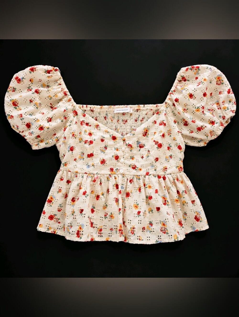 Altar'd State Floral Eyelet Puff Sleeve Peplum Top